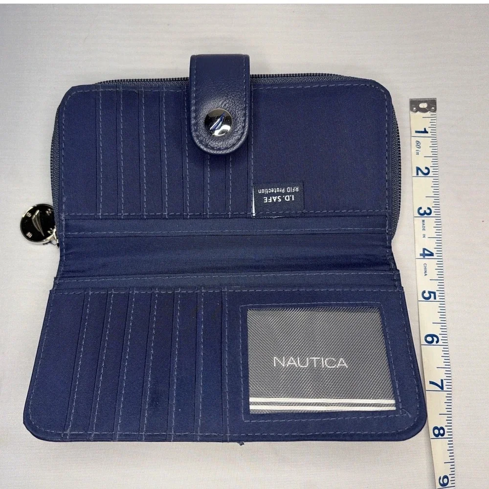 Nautica Navy Blue RFID Blocking Zip Around Clutch Wallet Vegan Leather New
